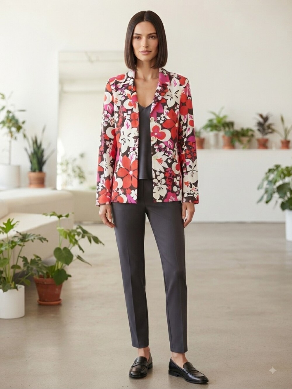 Maxou Retro Floral Blazer Jacket Size 6 Brown Pink Red White *Missing Button*